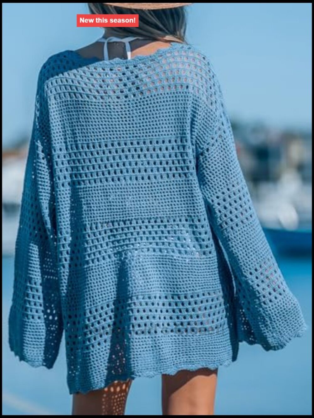 Crochet Swimsuit Cover Up Mesh Beach Dress Knit Pullover Long Sleeve - Picture 2 of 6